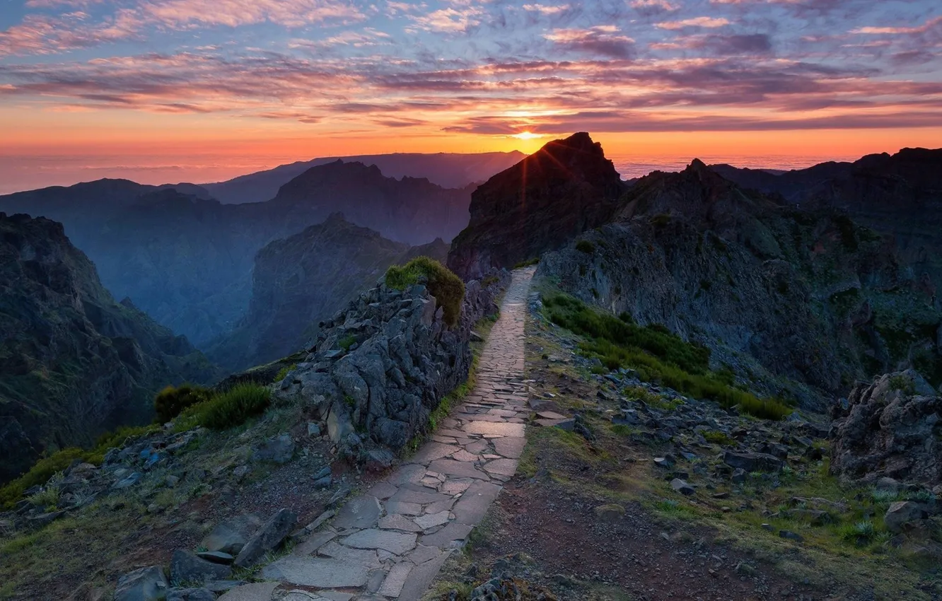 Photo wallpaper the sky, the sun, clouds, landscape, sunset, mountains, nature, rocks