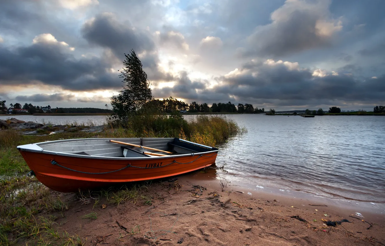 Photo wallpaper landscape, river, boat