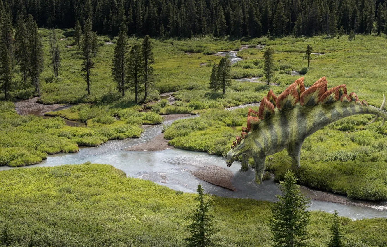 Photo wallpaper forest, river, rendering, dinosaur, monster, the view from the top, digital art