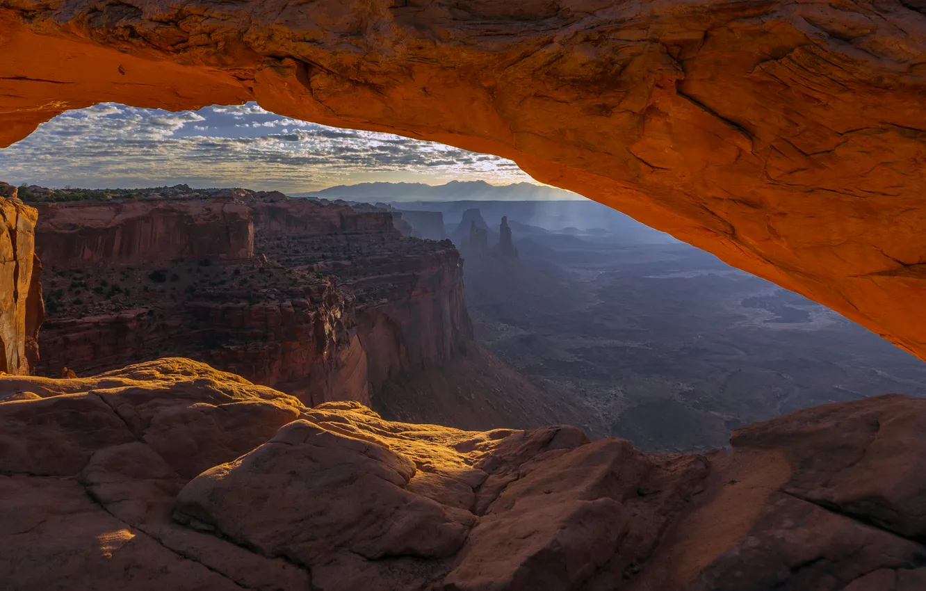 Photo wallpaper light, mountains, fog, stones, rocks, desert, view, canyon