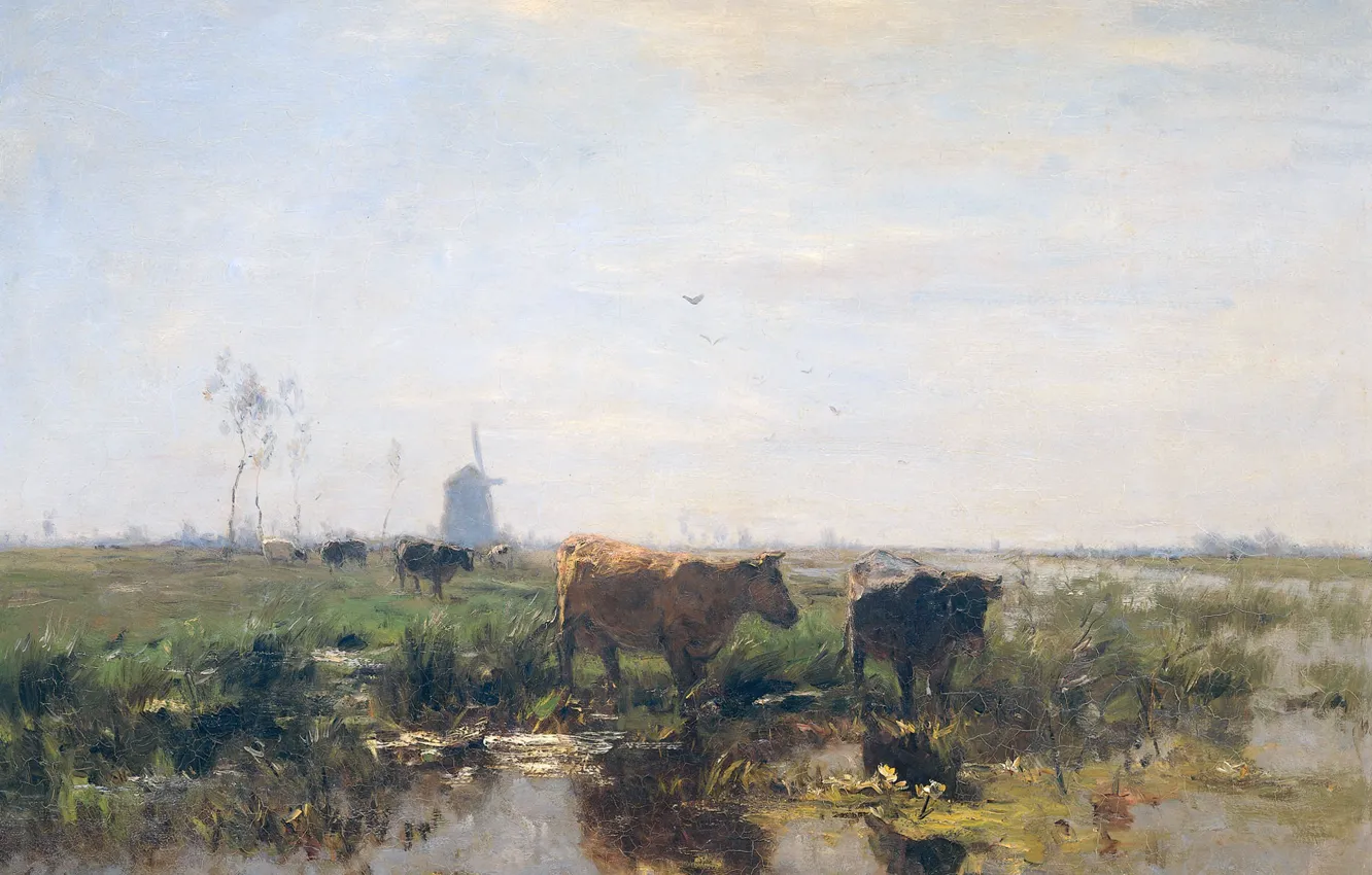 Photo wallpaper animals, oil, picture, canvas, Willem Maris, Meadow with Cows at Water