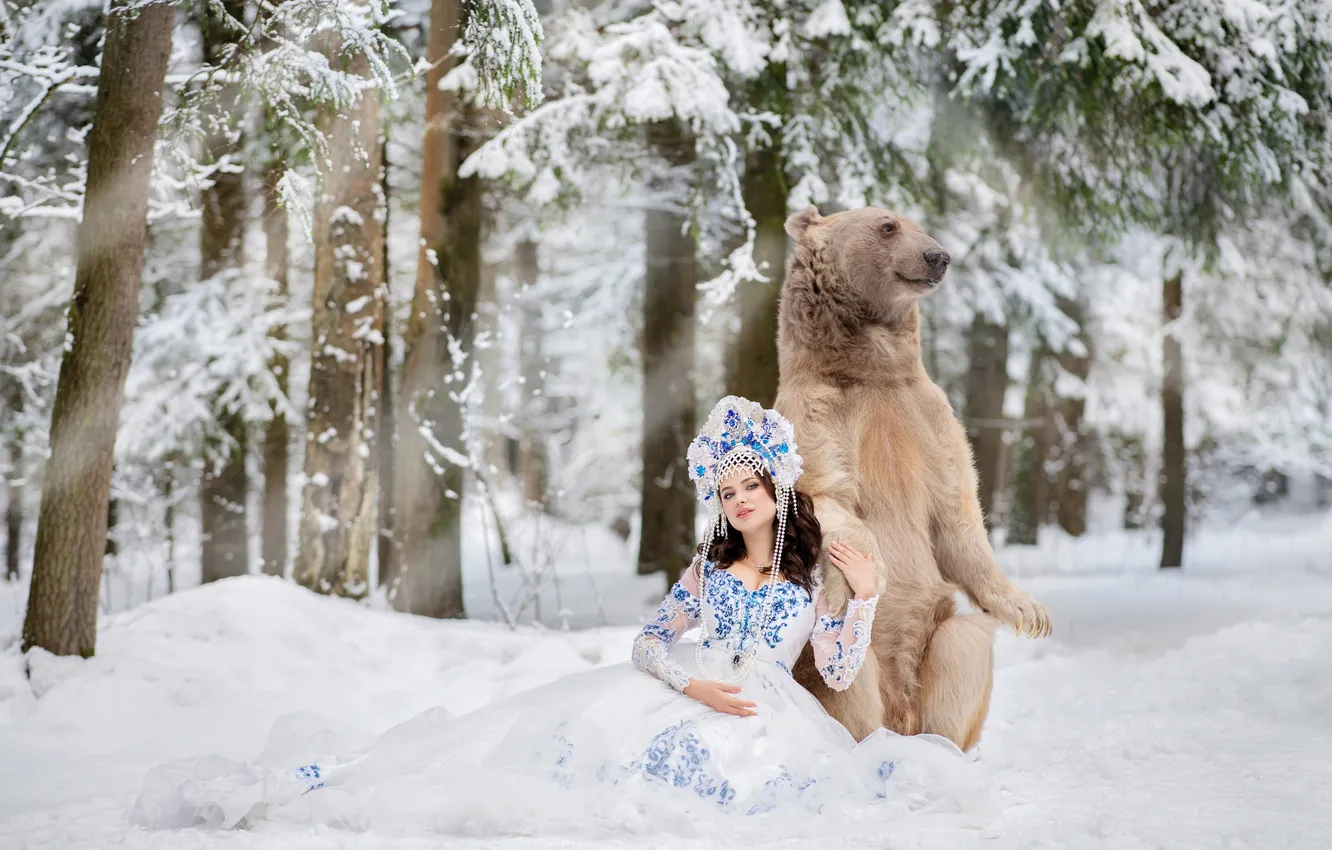 Photo wallpaper winter, forest, look, girl, snow, nature, pose, bear