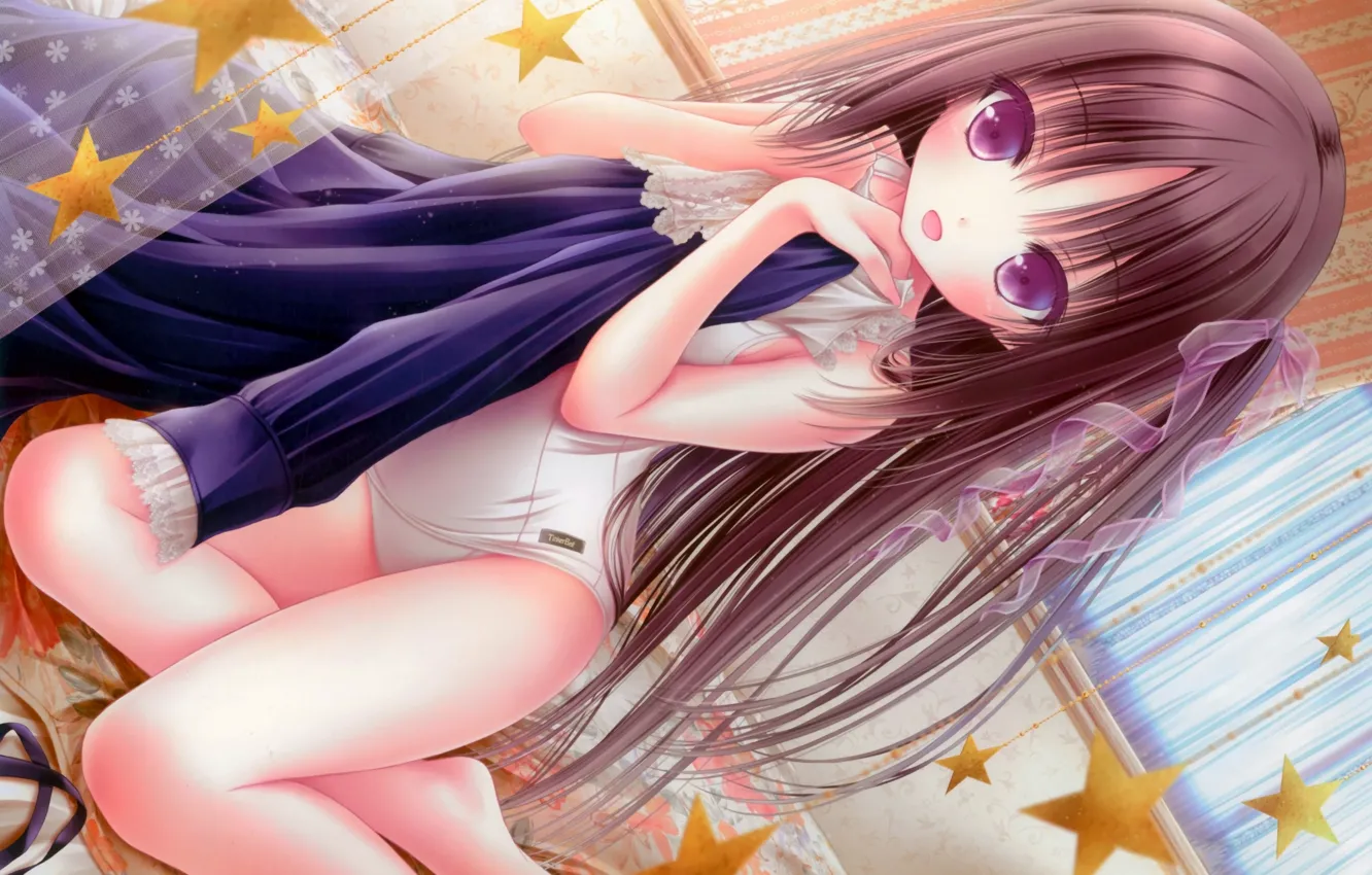 Photo wallpaper girl, sexy, long hair, brown hair, anime, beautiful, purple eyes, pretty