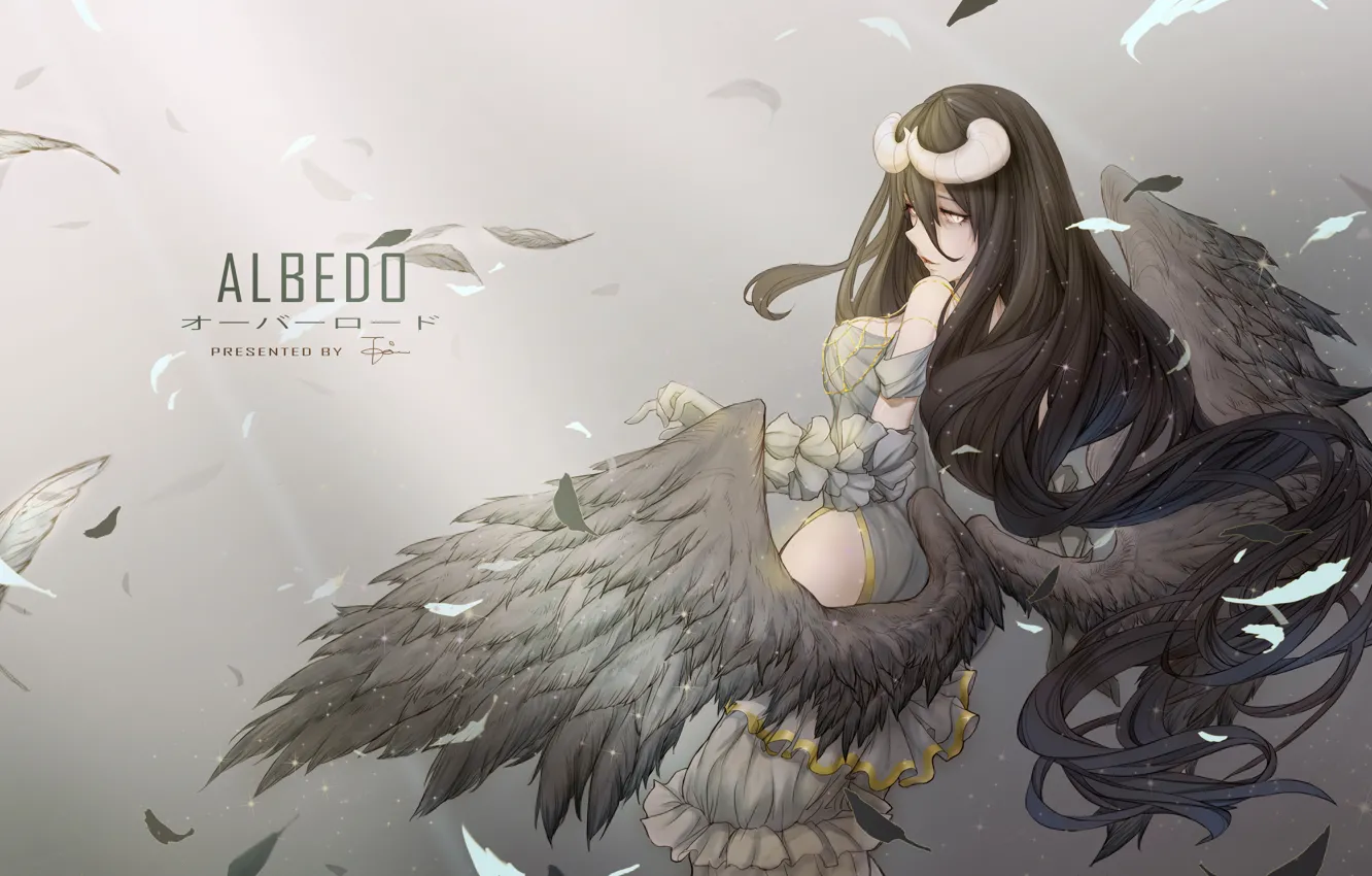 Photo wallpaper girl, wings, anime, feathers, art, horns, albedo, overlord