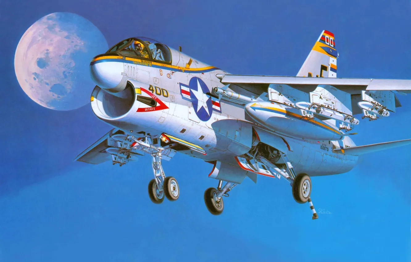 Photo wallpaper the plane, art, attack, Navy, deck, USA., Corsair II, A-7A