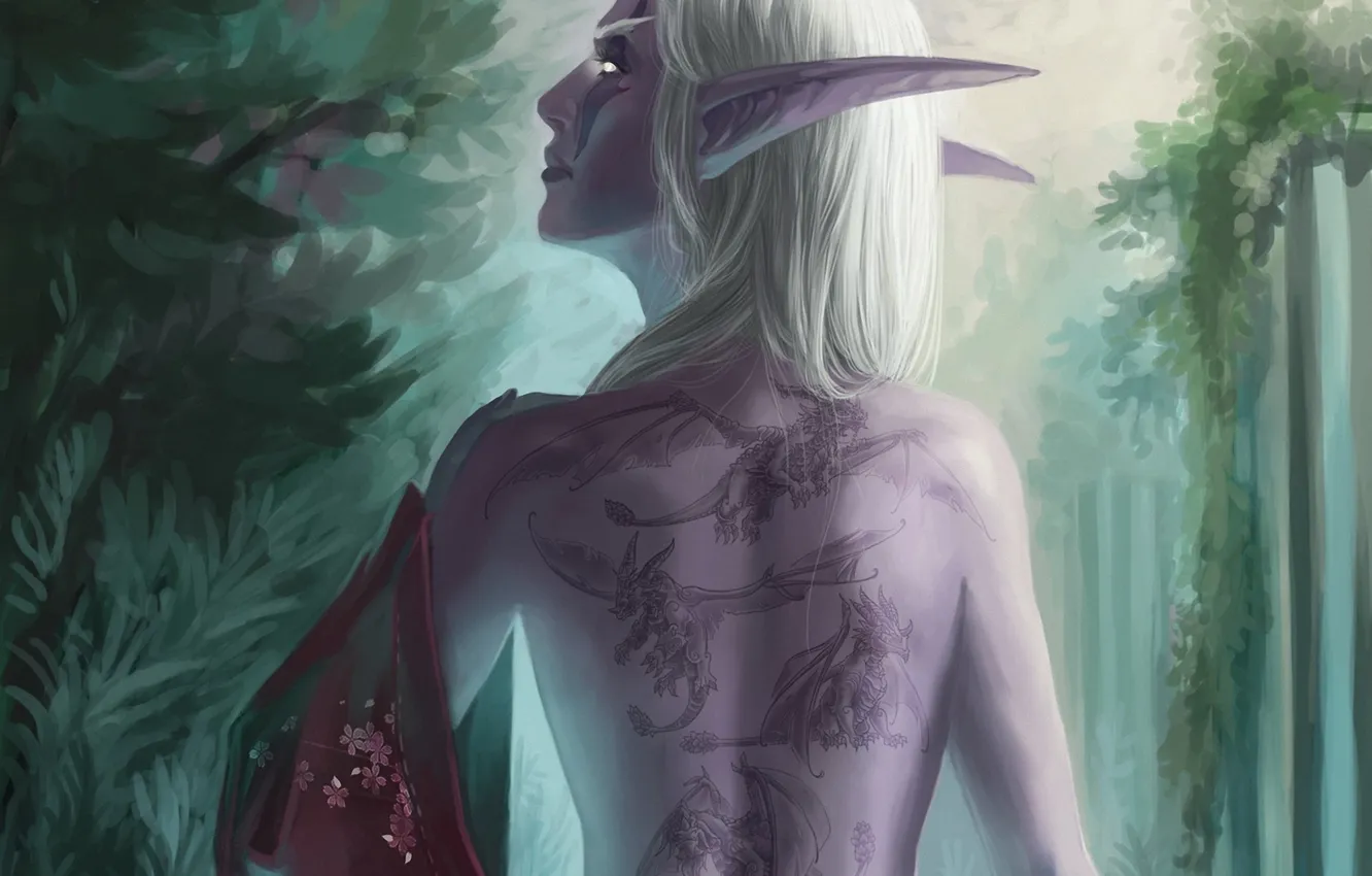 Photo wallpaper girl, dragon, elf, back, tattoo, art, tattoo, fabric