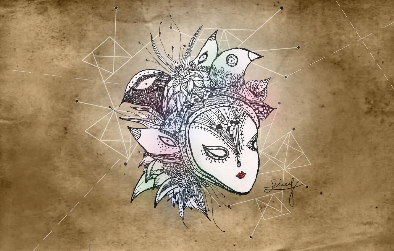 Photo wallpaper flowers, bird, mask, originality