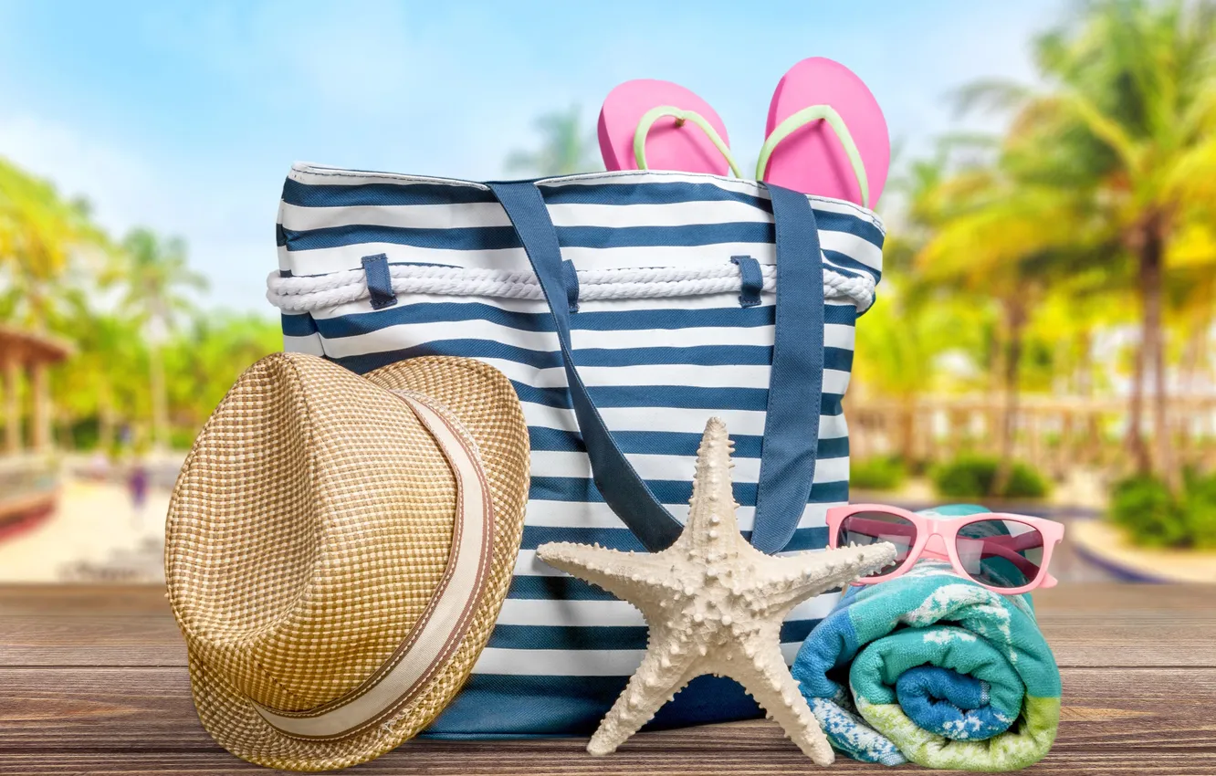 Photo wallpaper beach, summer, stay, towel, hat, glasses, summer, bag