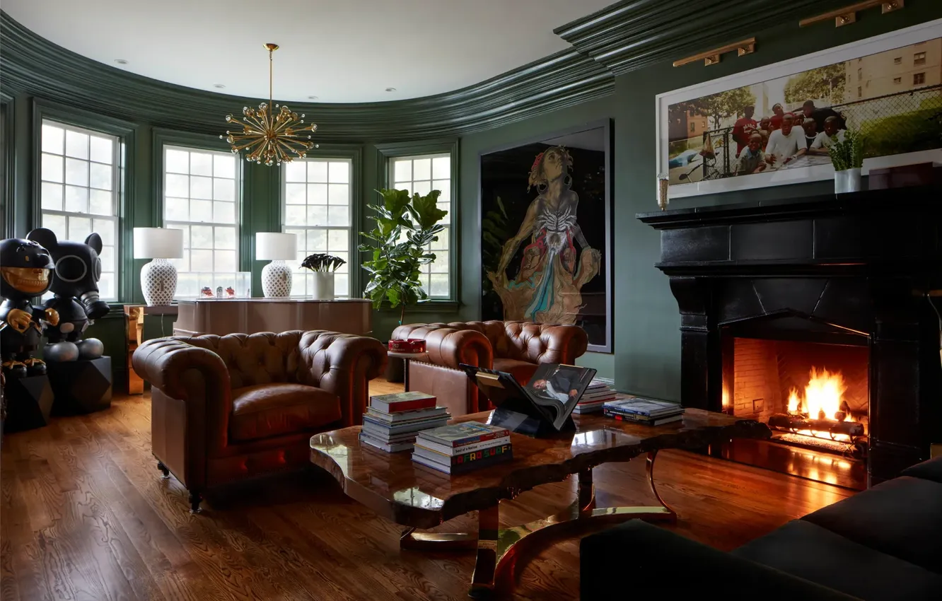 Photo wallpaper design, heat, room, interior, picture, fireplace, retro style, cozy