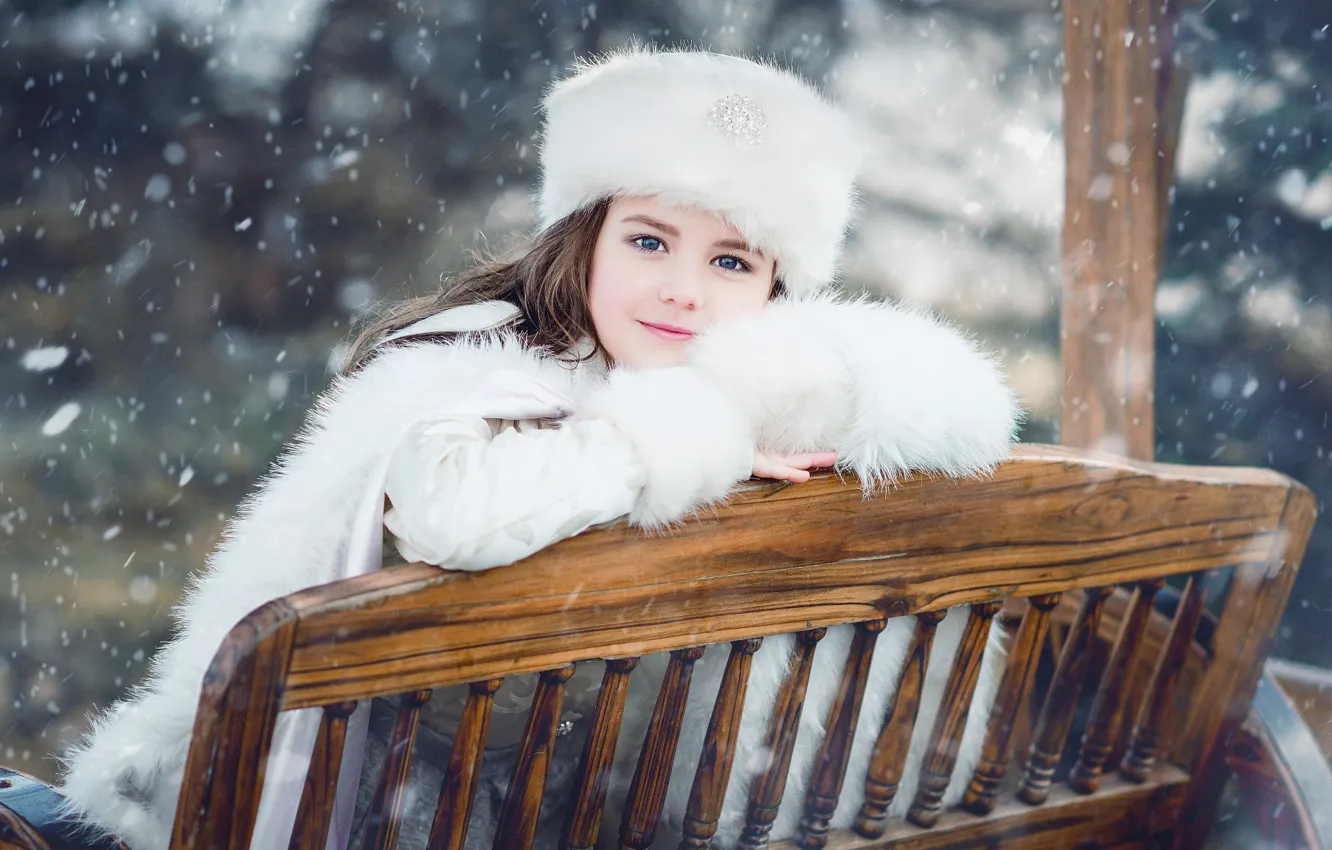 Photo wallpaper winter, white, look, snow, bench, smile, Park, hat