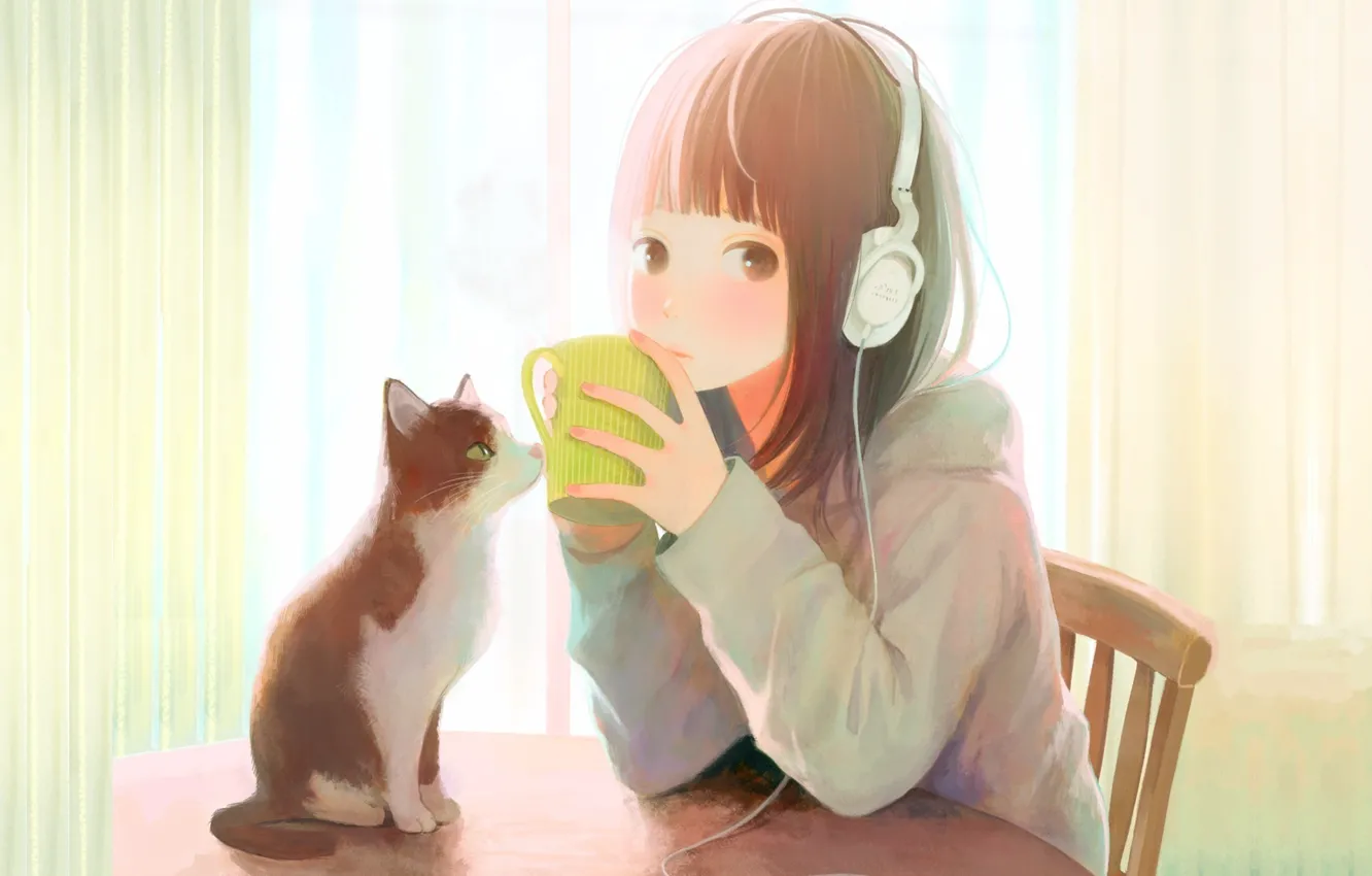 Photo wallpaper headphones, at the table, redhead girl, black and white cat, curtain, a mug of tea