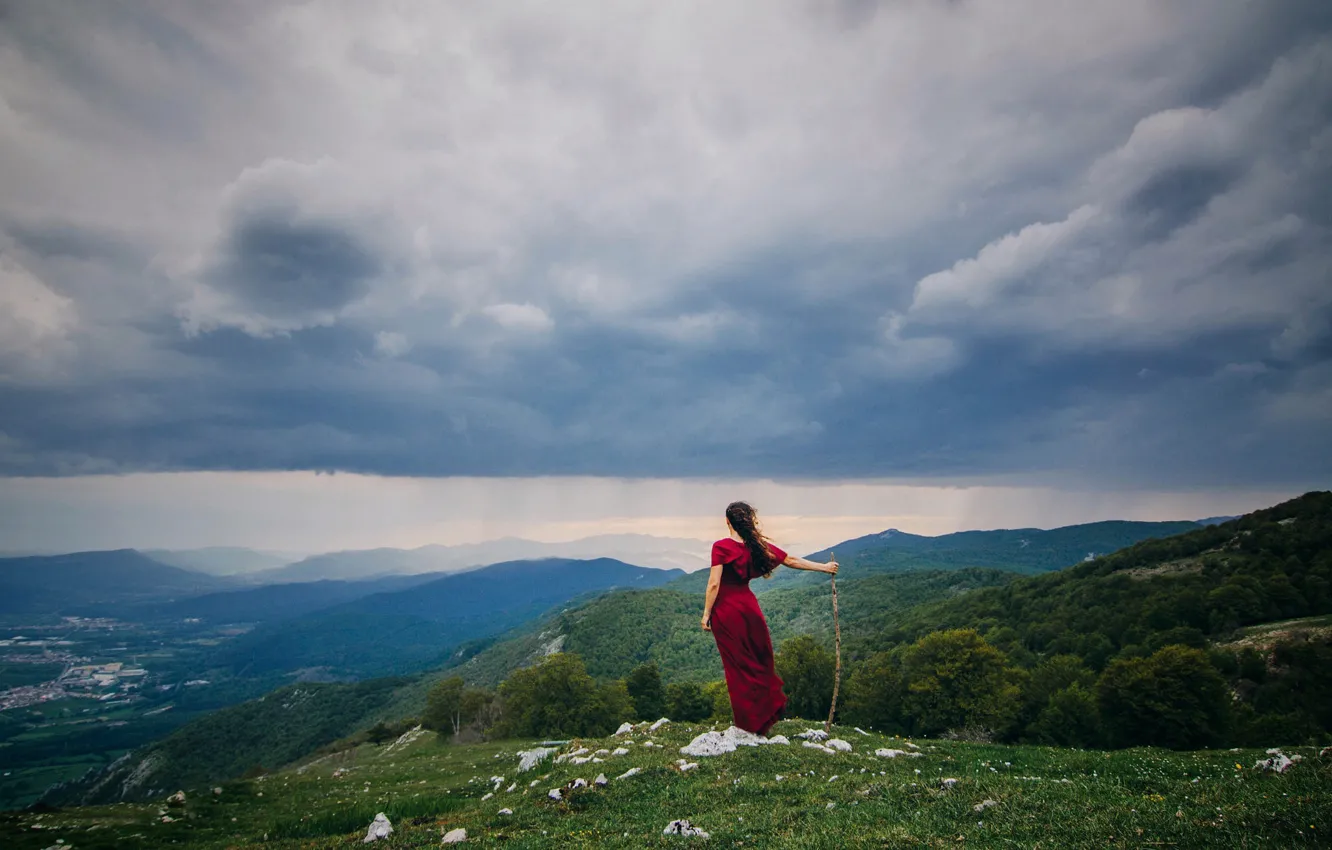 Photo wallpaper forest, the sky, girl, clouds, mountains, red, clouds, nature