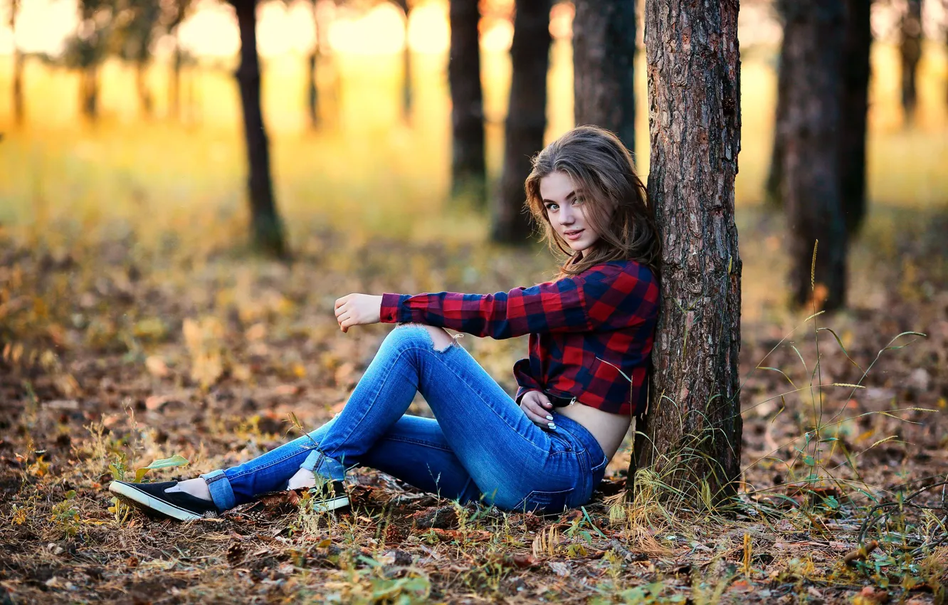 Photo wallpaper girl, forest, beauty, Sight