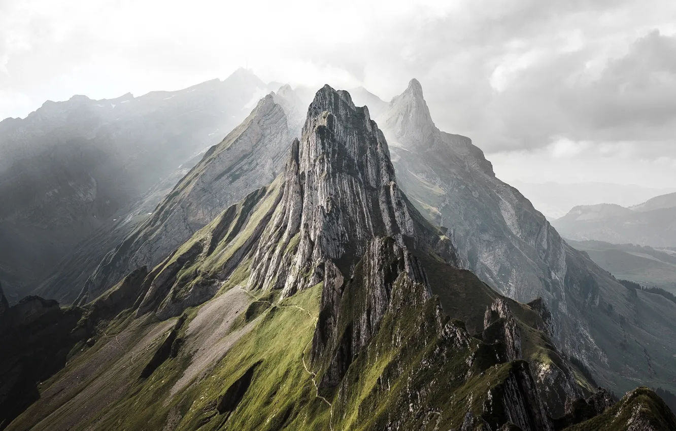 Photo wallpaper clouds, mountains, rocks, tops