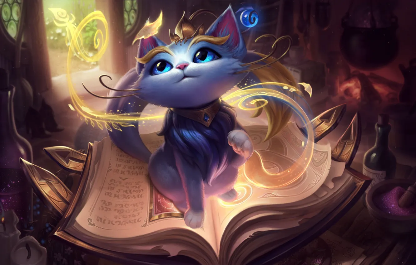 Photo wallpaper fantasy, game, magic, cat, blue eyes, League of Legends, book, digital art