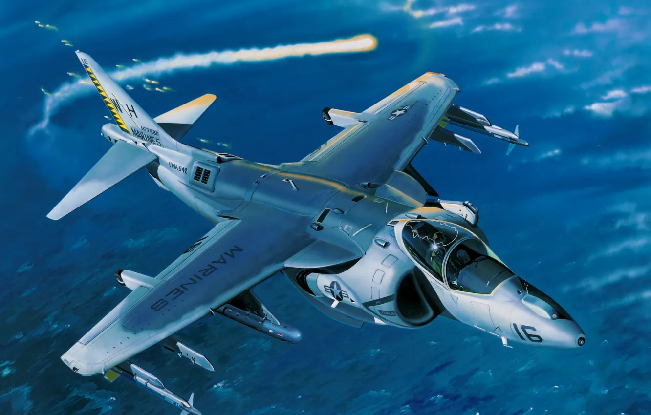 Photo wallpaper art, airplane, painting, aviation, jet, McDonnell Douglas AV-8B Harrier II