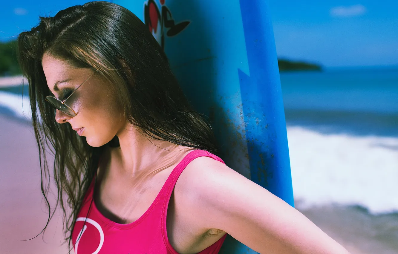 Photo wallpaper sea, beach, the sun, landscape, model, Board, portrait, makeup