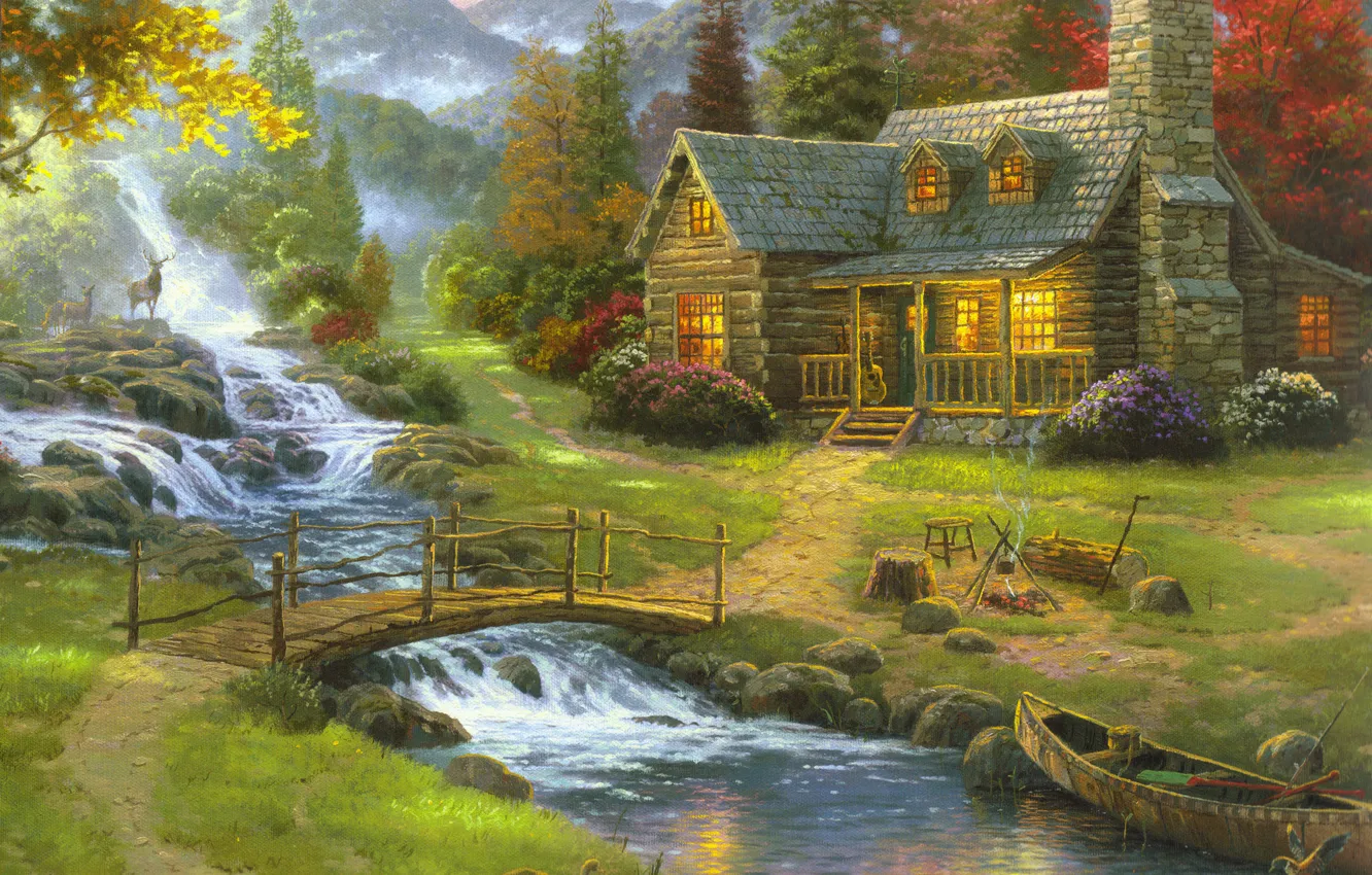 Photo wallpaper forest, nature, fog, house, river, boat, figure, guitar