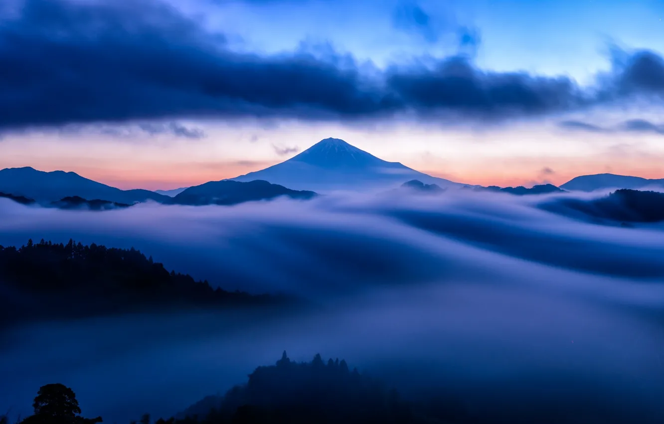 Photo wallpaper the sky, clouds, snow, sunset, fog, blue, mountain, the volcano