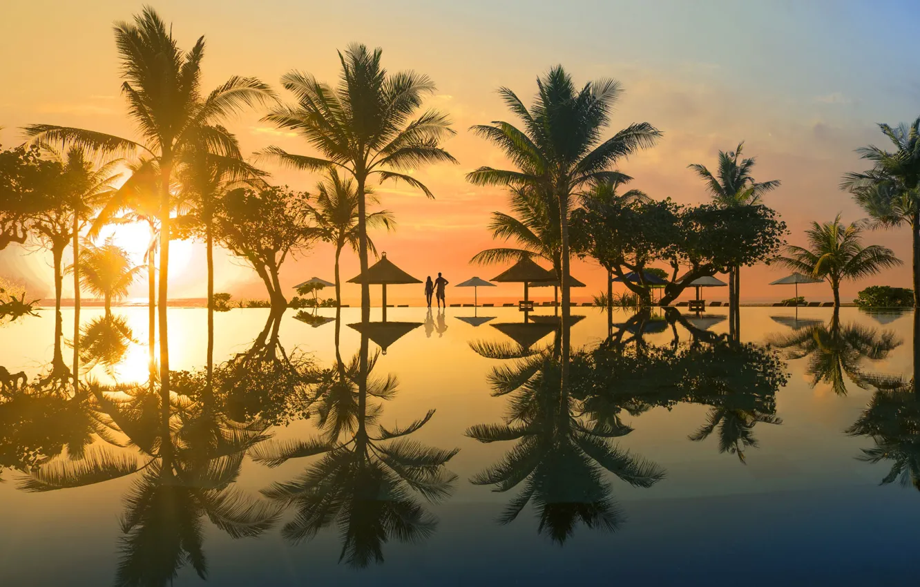 Photo wallpaper sea, sunset, palm trees, stay, pool, Bali, pair, the hotel