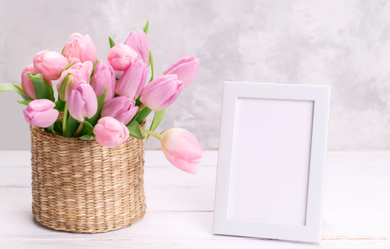 Photo wallpaper flowers, bouquet, tulips, vase, pink, basket
