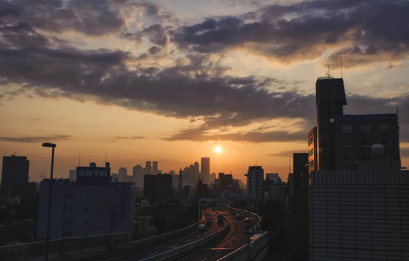 Photo wallpaper Japan, road, cars, clouds, morning, dawn, Sunrise, buildings