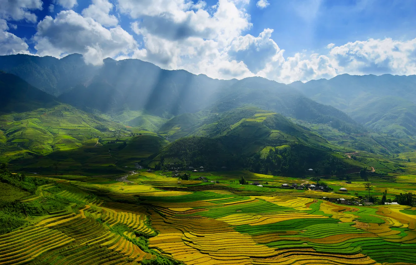 Photo wallpaper autumn, the sky, clouds, rays, light, field, valley, Vietnam