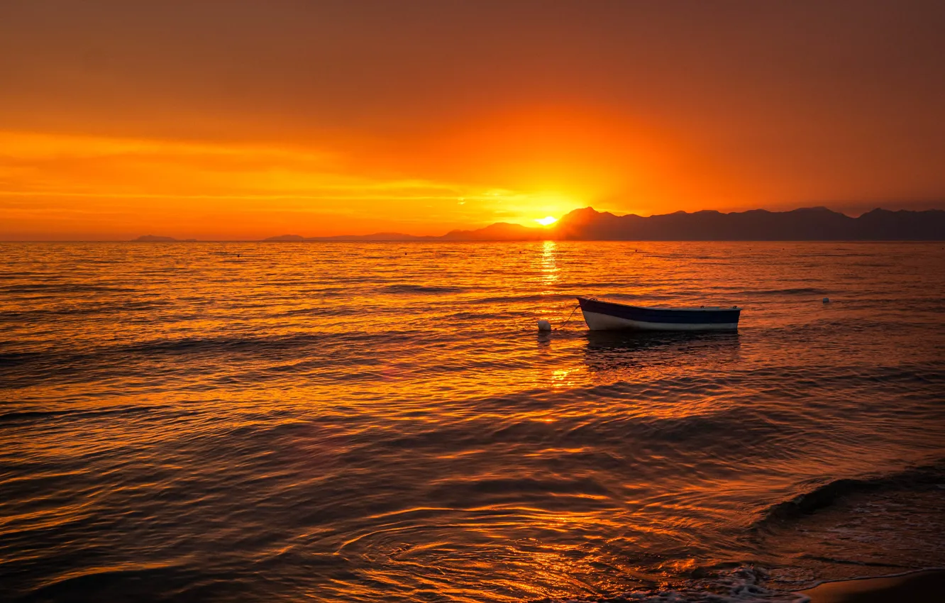 Photo wallpaper sea, wave, the sky, the sun, rays, light, sunset, mountains