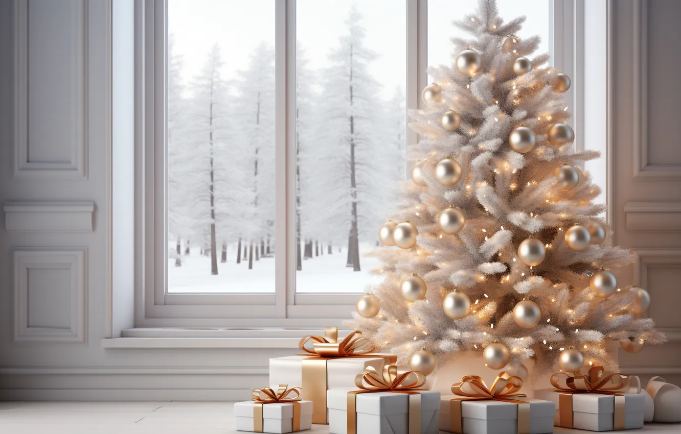 Photo wallpaper winter, snow, decoration, room, tree, new year, interior, Christmas