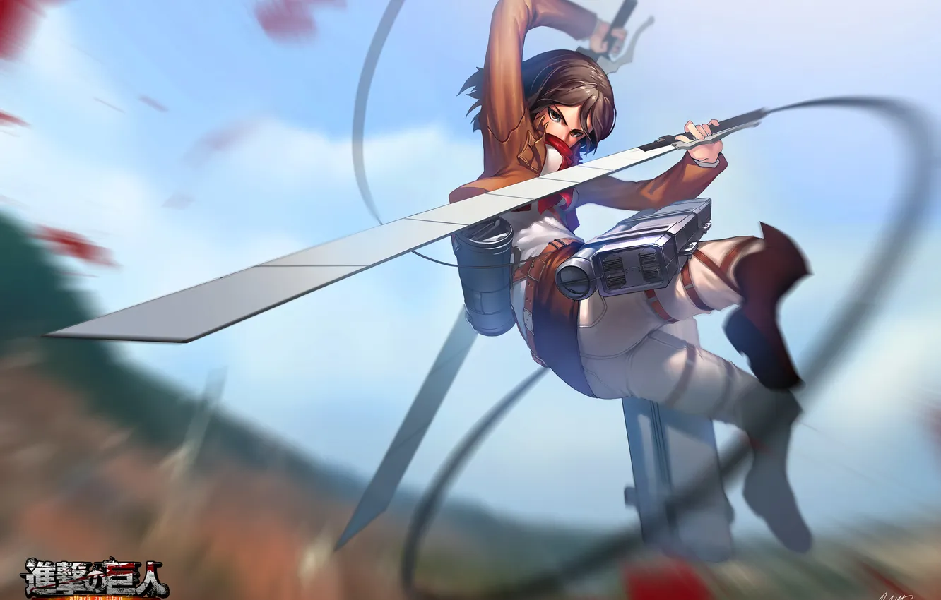 Photo wallpaper look, girl, weapons, drop, art, Shingeki no Kyojin, Mikasa Ackerman, rheez