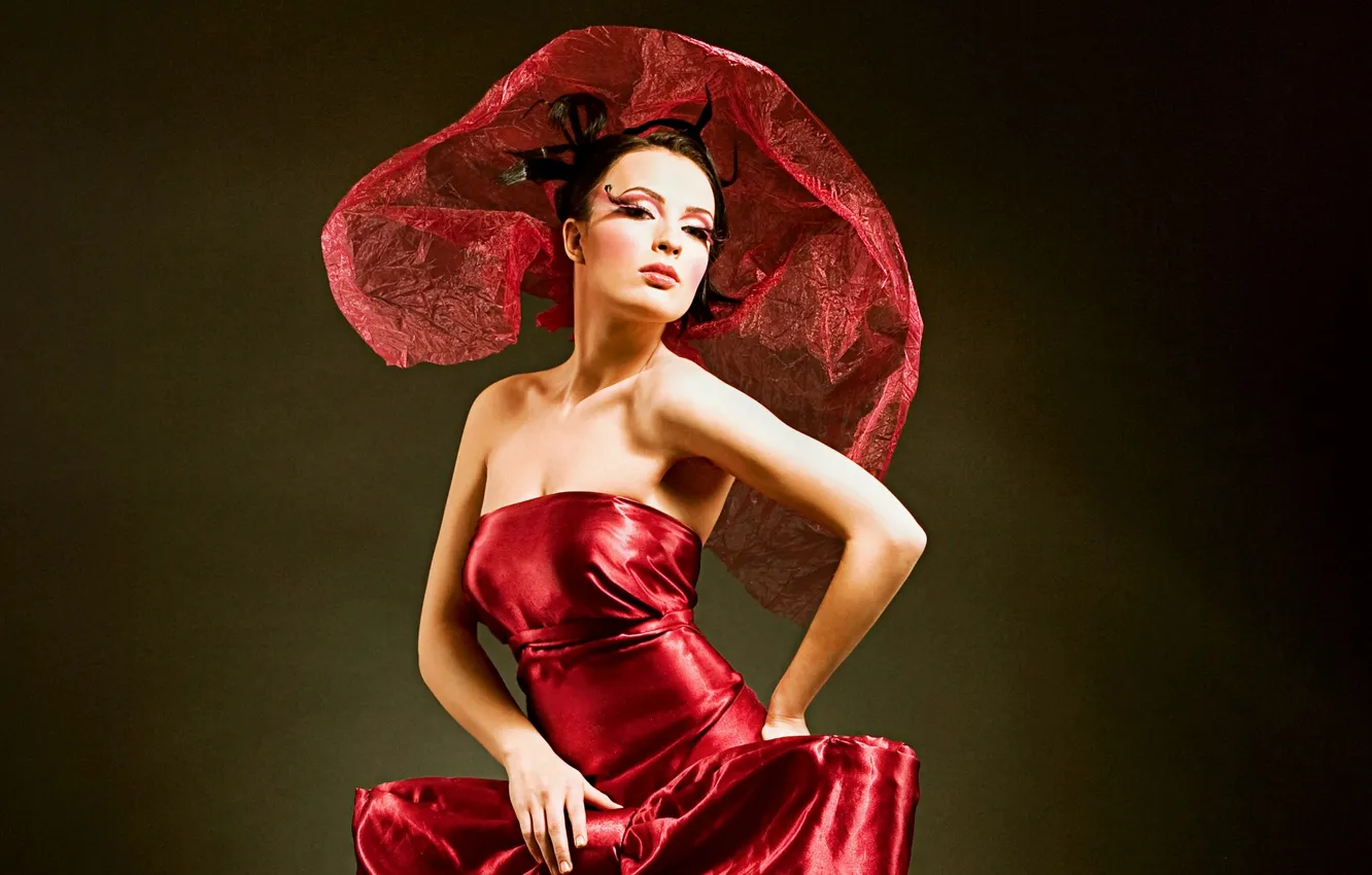 Photo wallpaper girl, red, creative, dress, fabric