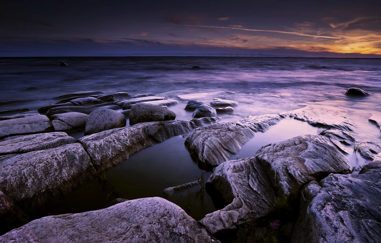 Photo wallpaper sea, landscape, night, stones