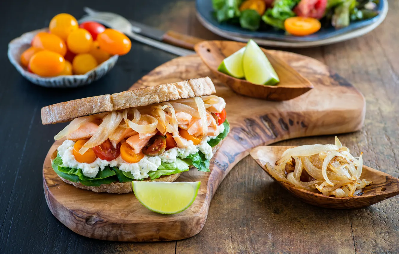 Photo wallpaper bow, bread, tomatoes, sandwiches, cutting Board, feta cheese