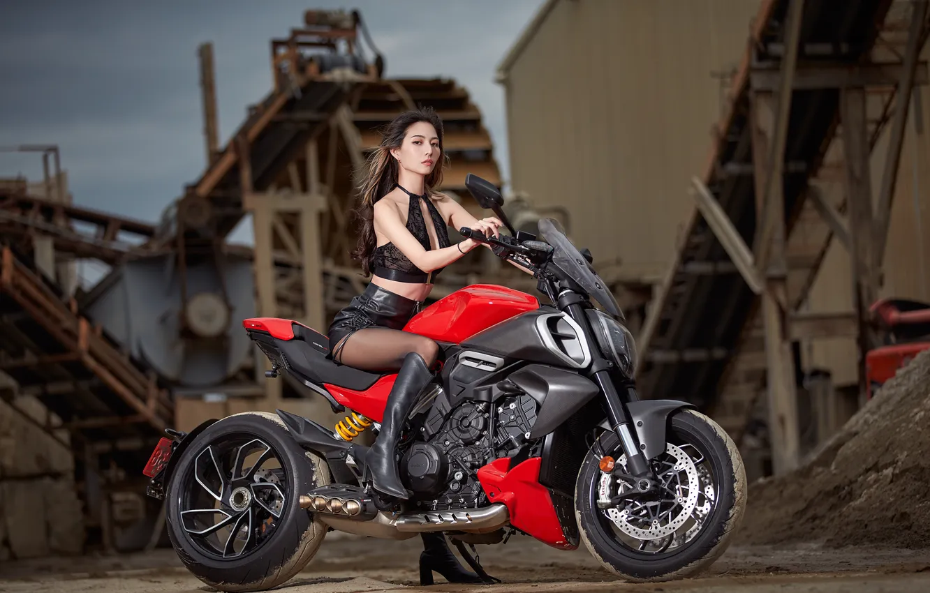 Photo wallpaper girl, pose, shorts, boots, motorcycle, Asian, long hair