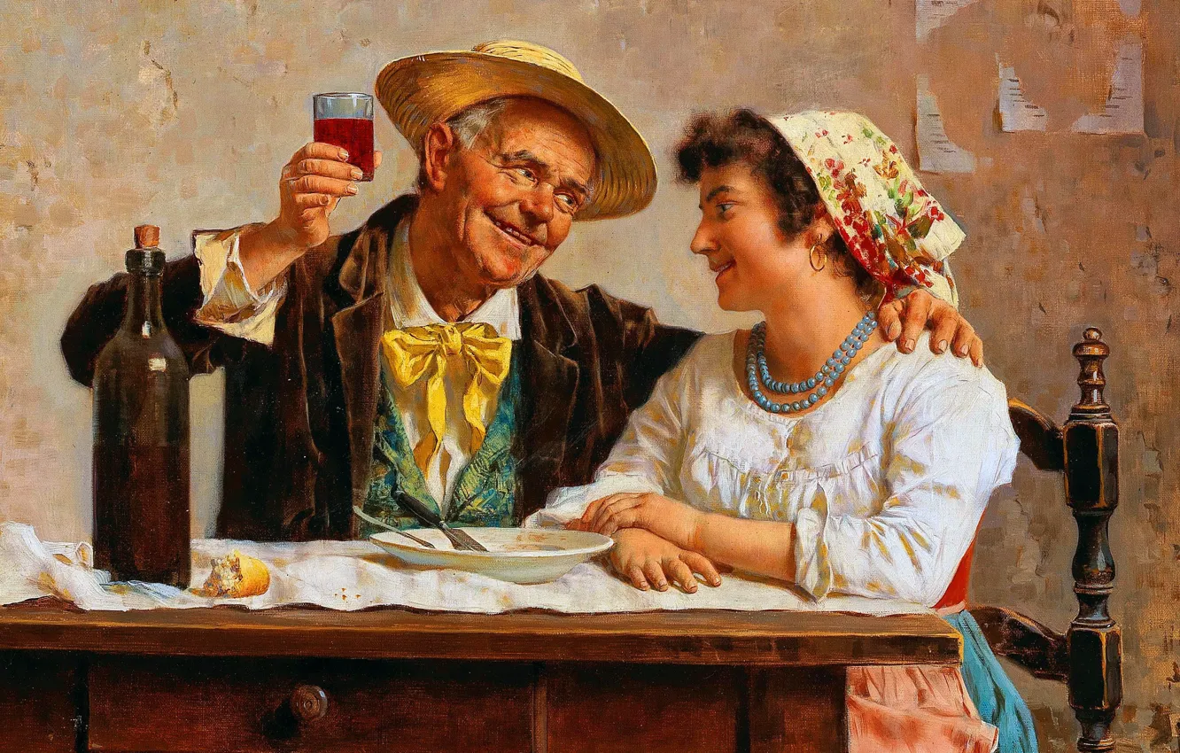 Photo wallpaper Girl, Bottle, Smile, Table, Picture, Wine, Two, The old man