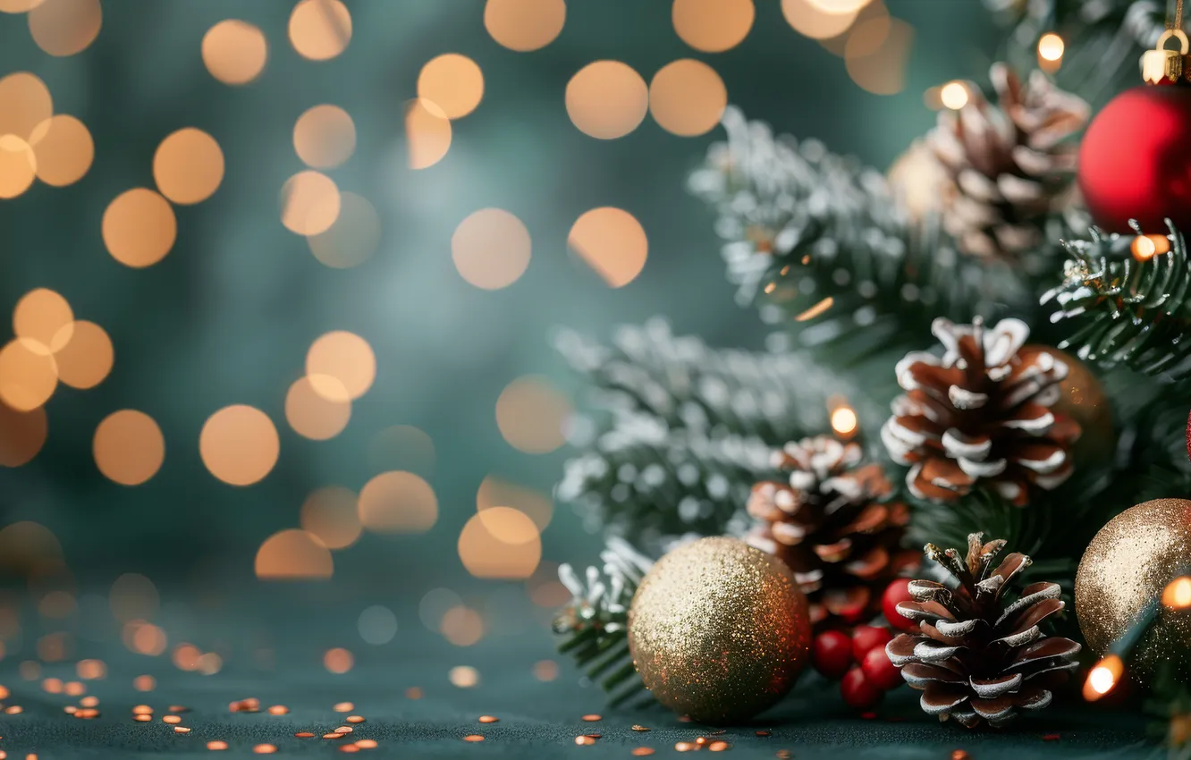 Photo wallpaper balls, lights, lights, new year, Christmas, needles, bumps, bokeh