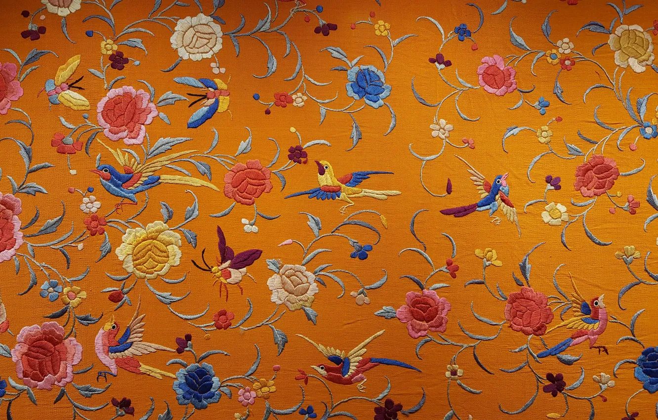 Photo wallpaper flowers, birds, texture, fabric, silk, embroidery, Chinese silk