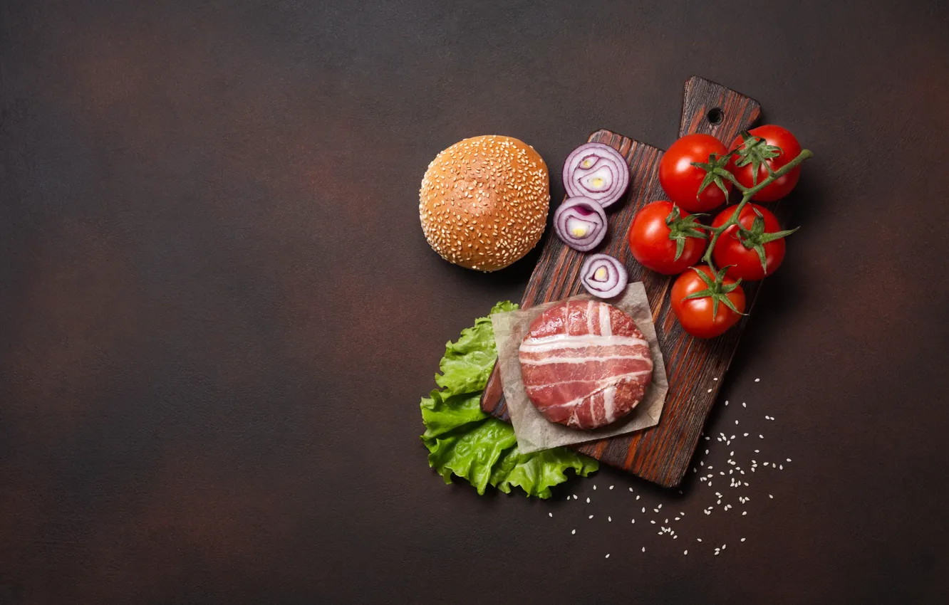 Photo wallpaper bow, meat, Board, tomatoes, hamburger, bun