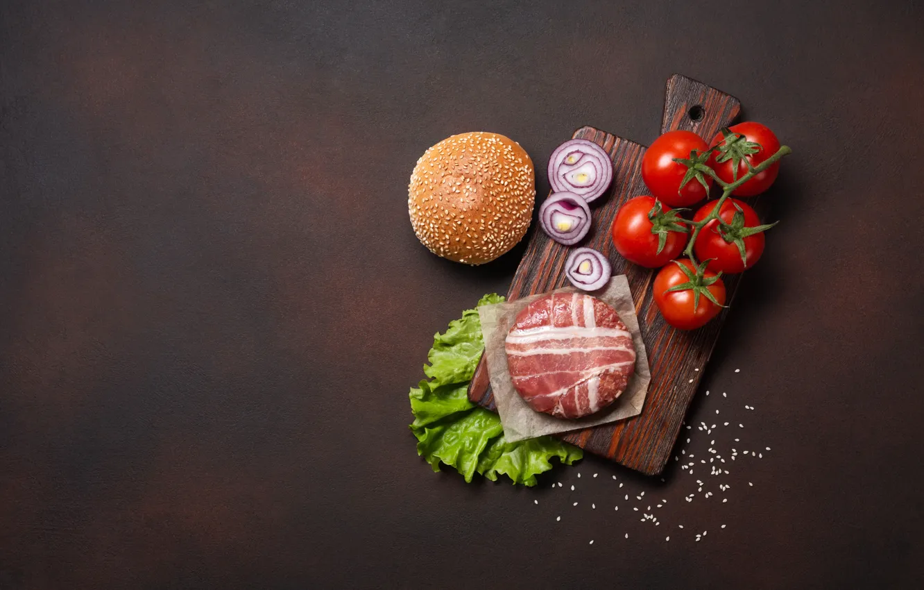 Photo wallpaper Board, bow, meat, tomatoes, hamburger, buns