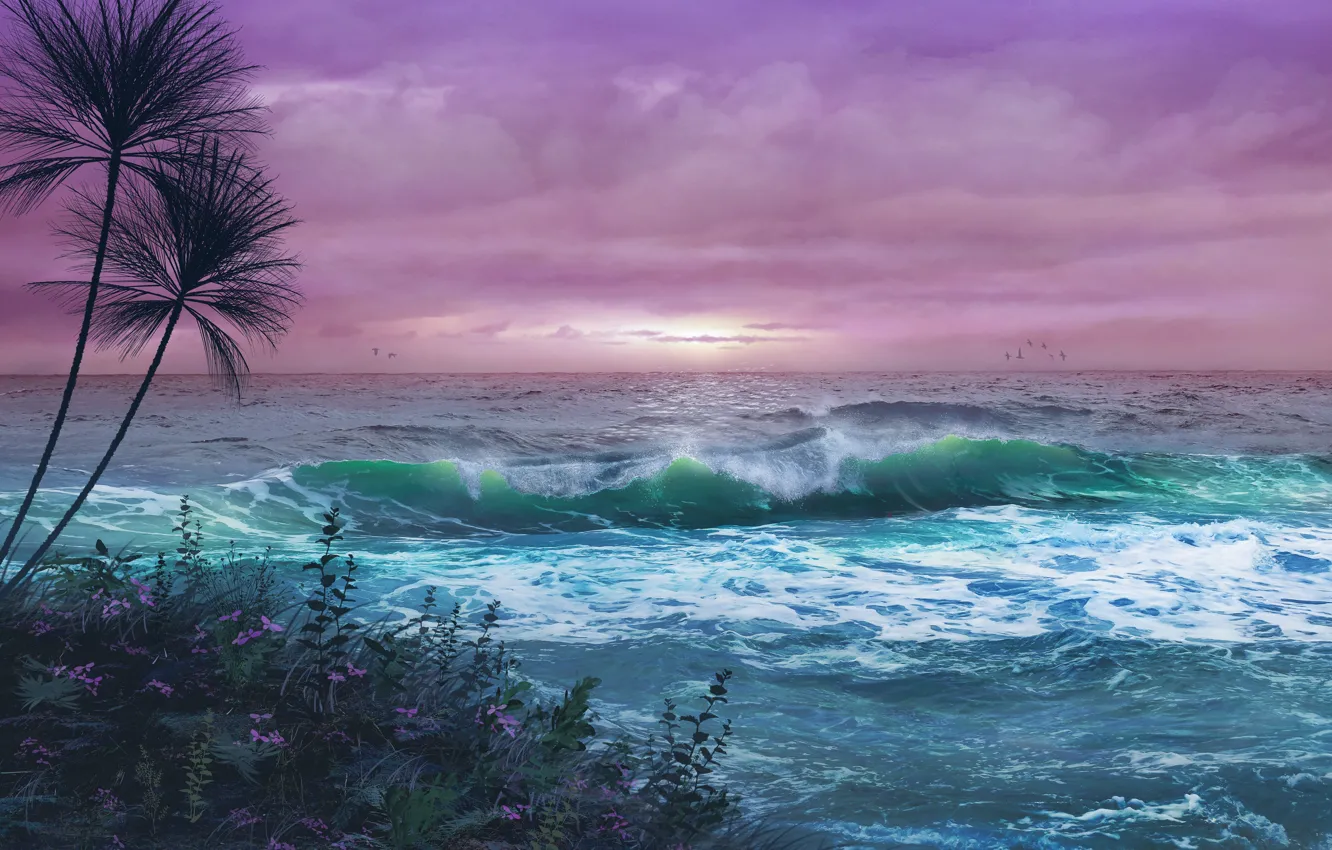 Photo wallpaper sea, wave, beach, the sky, sunset, palm trees, rendering, shore