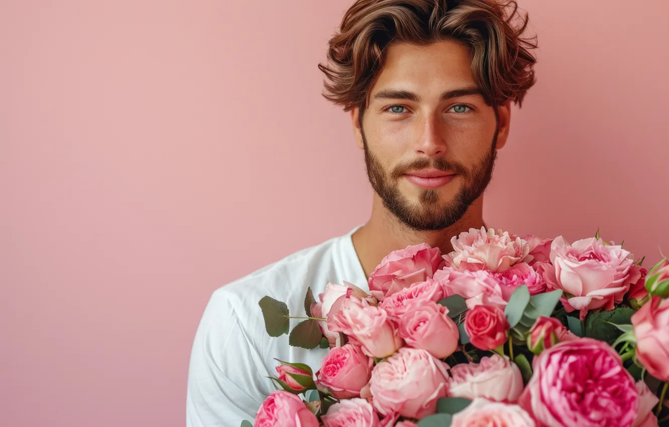 Photo wallpaper look, flowers, smile, birthday, holiday, gift, roses, bouquet