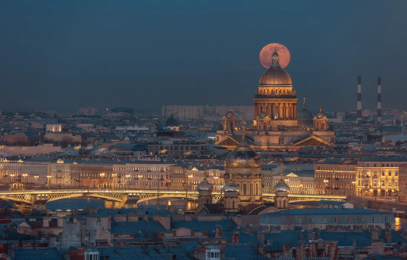 Photo wallpaper bridge, river, building, home, Saint Petersburg, St. Isaac's Cathedral, temple, Russia