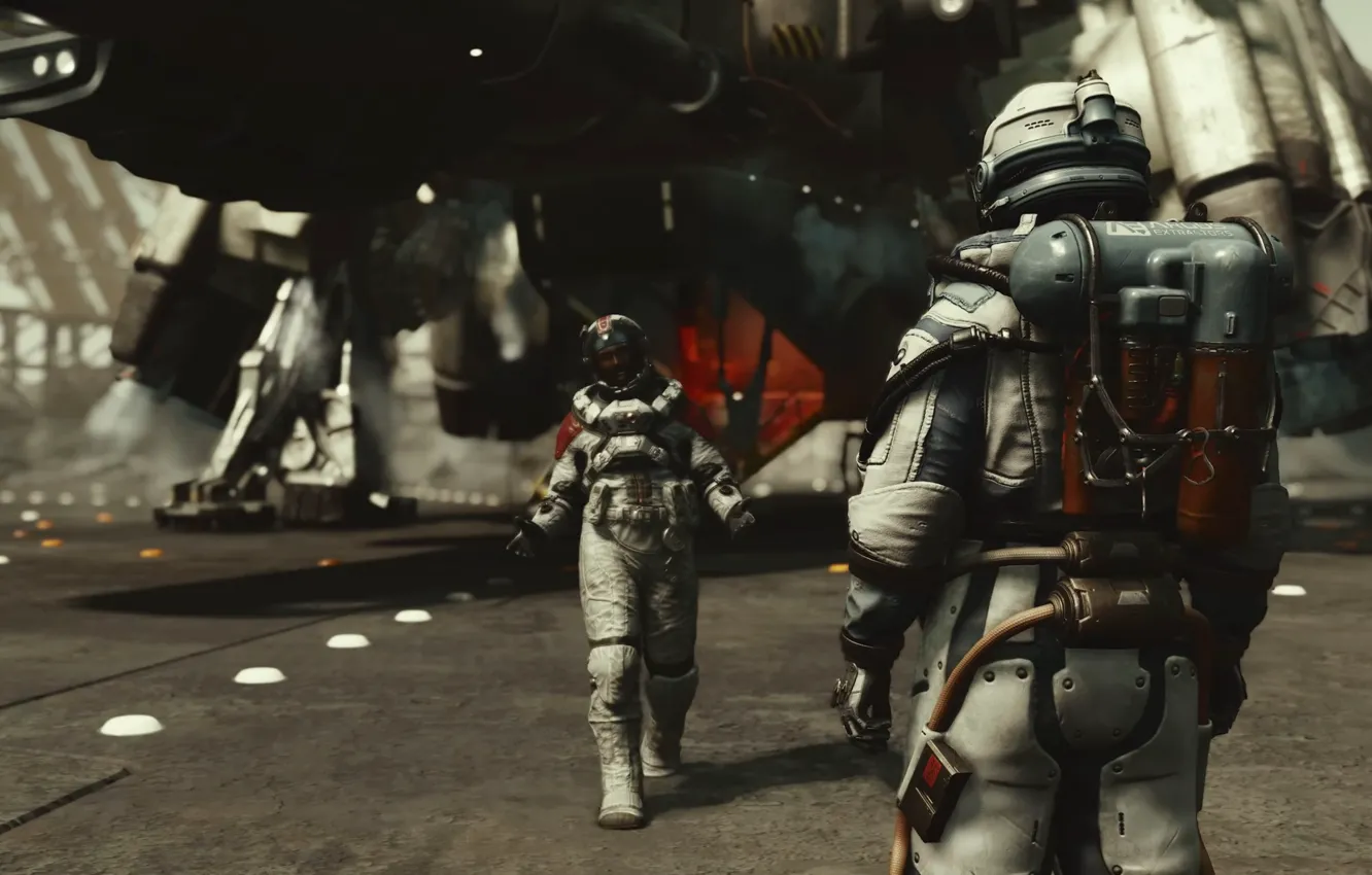 Photo wallpaper meeting, ship, the situation, the suit, Starfield