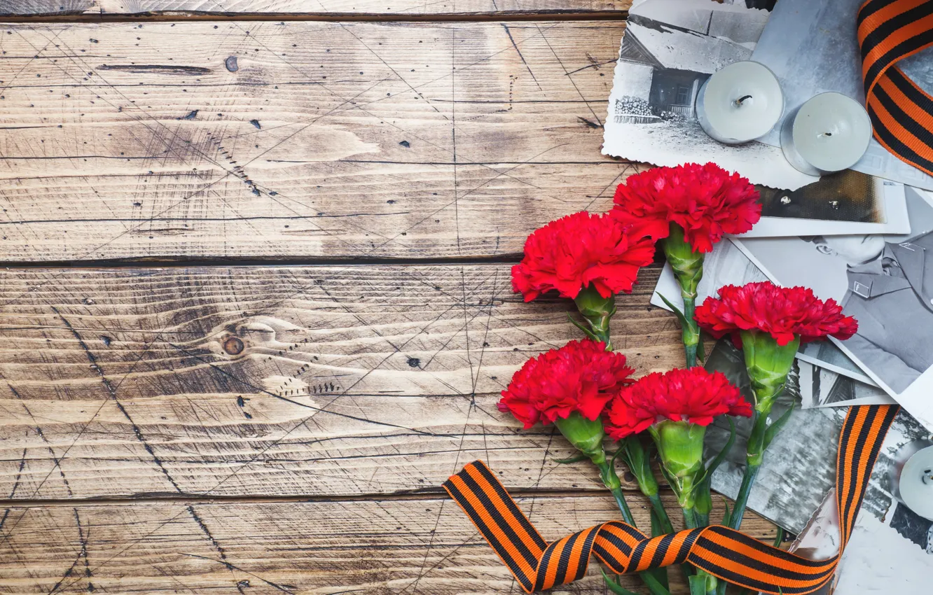 Photo wallpaper flowers, photo, holiday, candles, victory day, St. George ribbon, May 9, clove