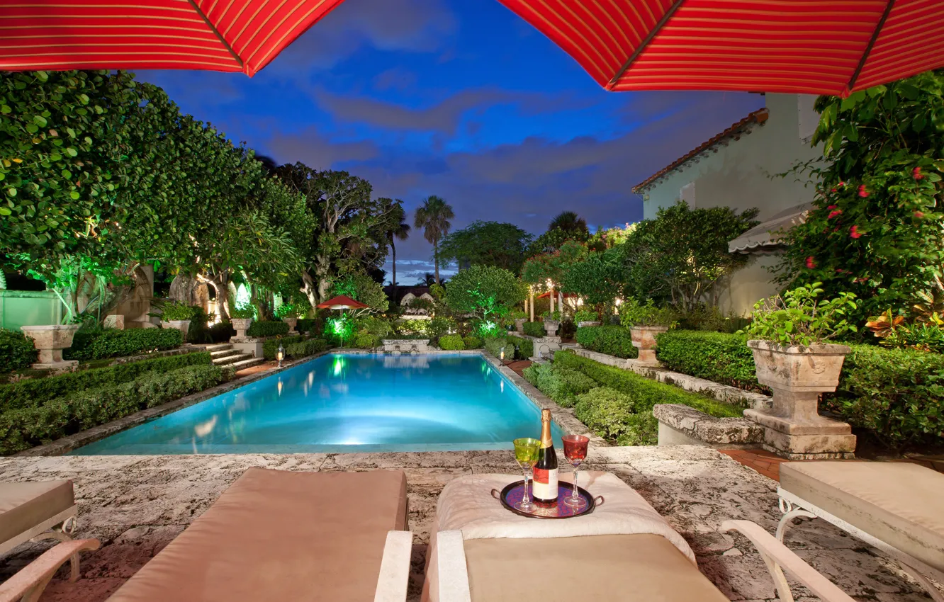 Photo wallpaper Villa, the evening, pool, garden, relax, architecture, terrace