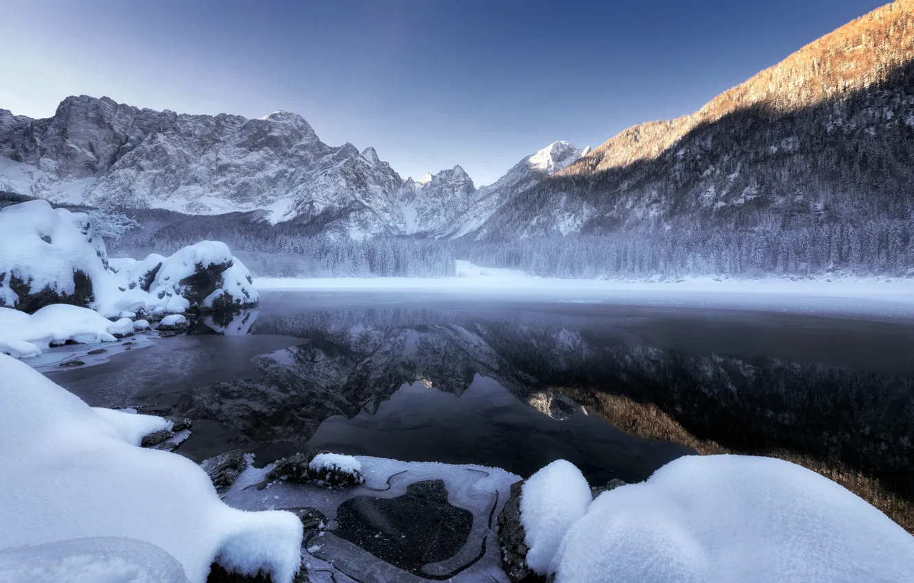 Photo wallpaper winter, Winter, Fusine lake