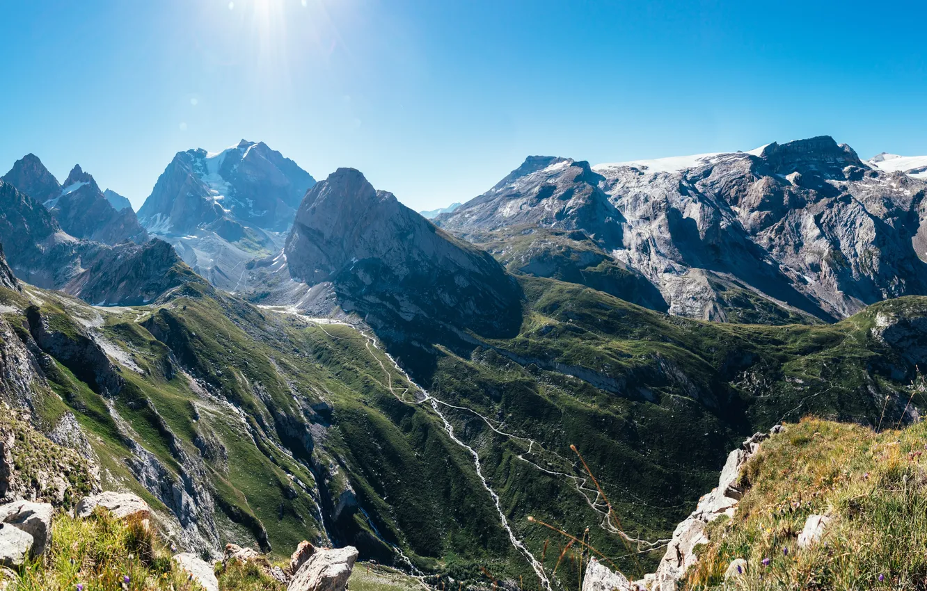 Photo wallpaper clear sky, landscape, nature, mountains, snow, sunlight, Alps, mountain chain