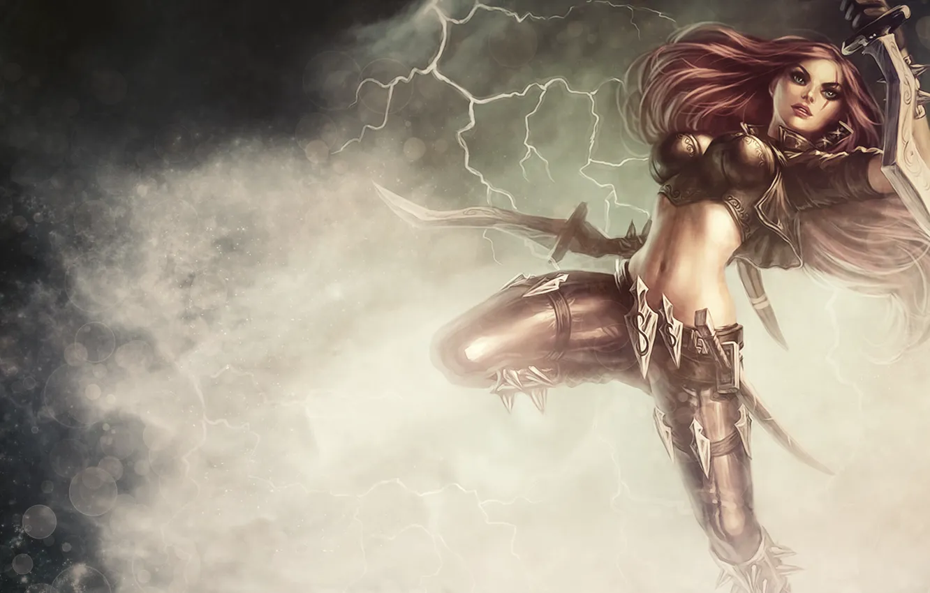 Photo wallpaper girl, jump, lightning, sword, art, League of Legends, Katarina