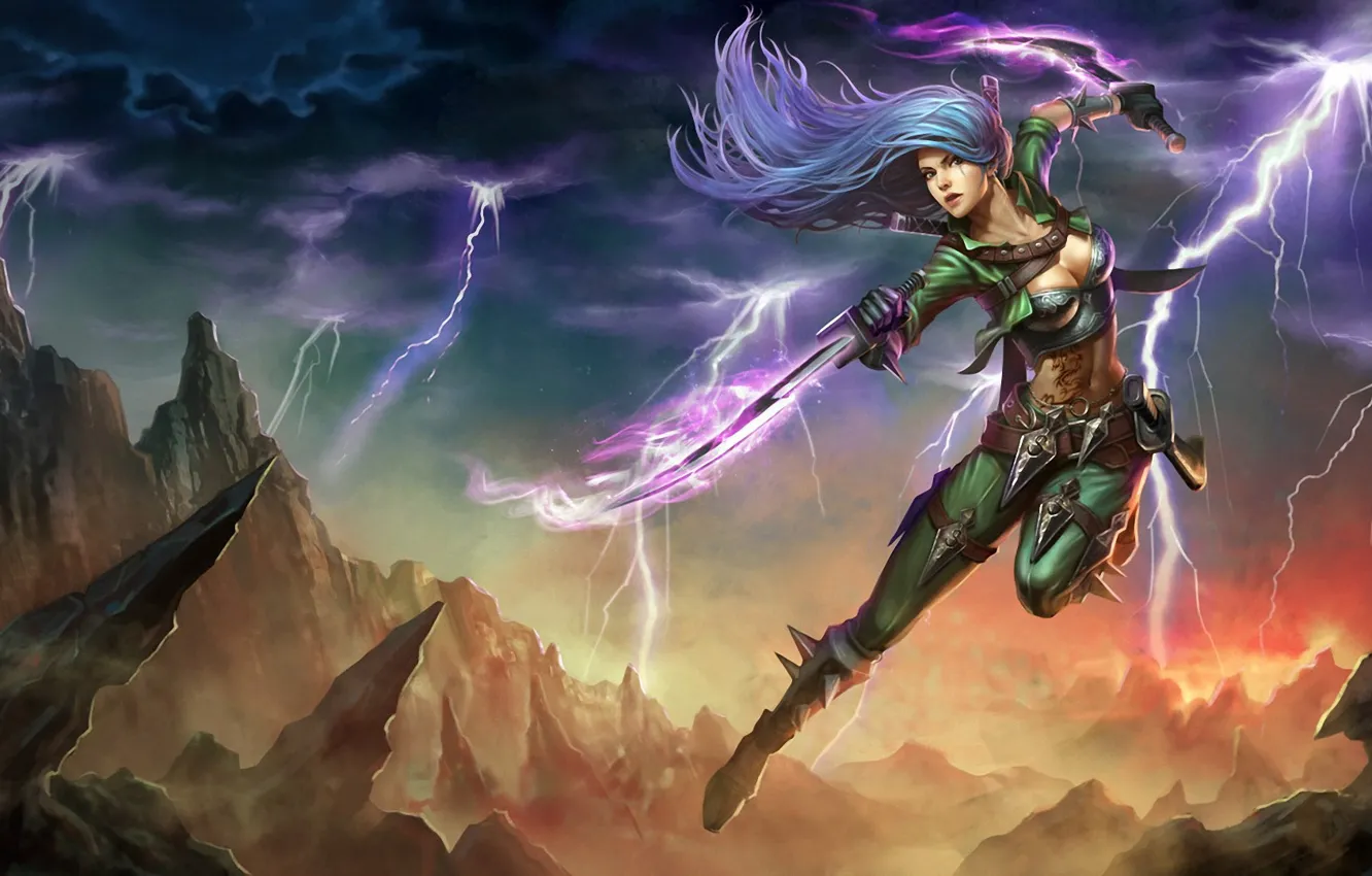 Photo wallpaper girl, weapons, rocks, jump, lightning, sword, art, League of Legends