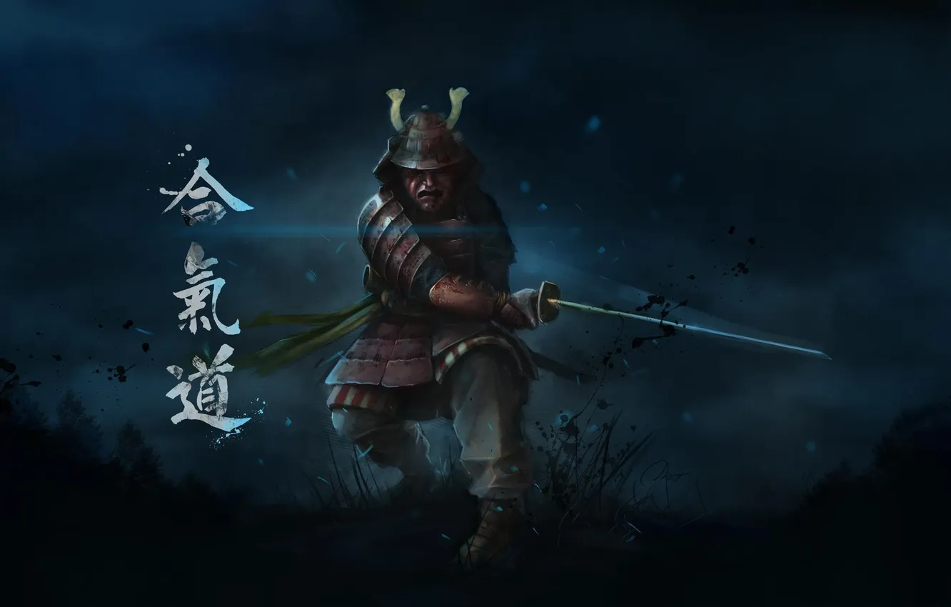 Photo wallpaper grass, night, sword, warrior, mask, art, samurai, characters